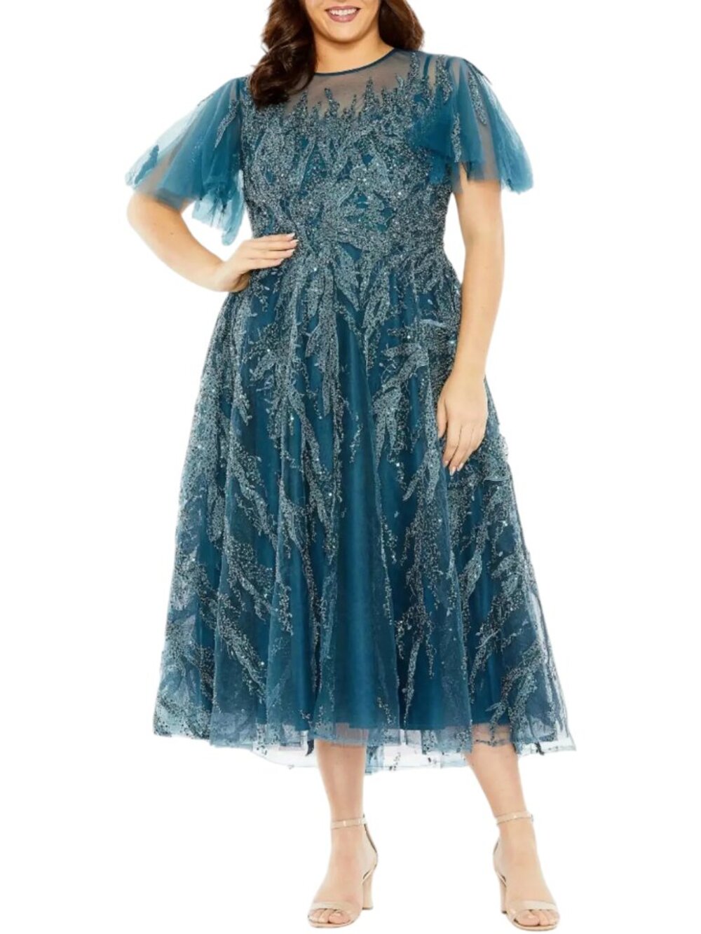 Mac Duggal Teal Midi Dress High Neck Flutter Sleeve Embellished A-Line 20477 22W